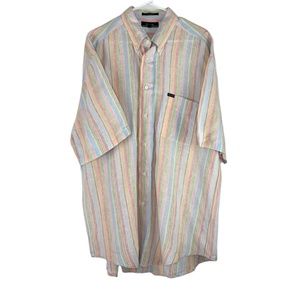 Faconnable Linen Short Sleeve Button Down Shirt Pastels Vertical Stripe